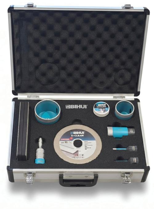10-dílná sada DOA diamantových korunek 6,8,35,50,68mm/br.válec 0-25mm M14/ 125mm kotouč/2xbrus.deska v hliníkovém kufru