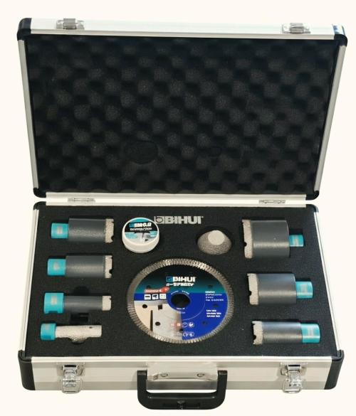 10-dílná sada diamantových korunek 25,35,40,45,50,68mm/br.kužel 20-48mm M14/vosk/ 125mm kotouč dia v hliníkovém kufru